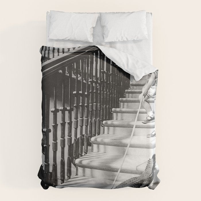 Girl Walking Baby Alligator, Black and White, Vintage Art Duvet Cover Gallery Image 6
