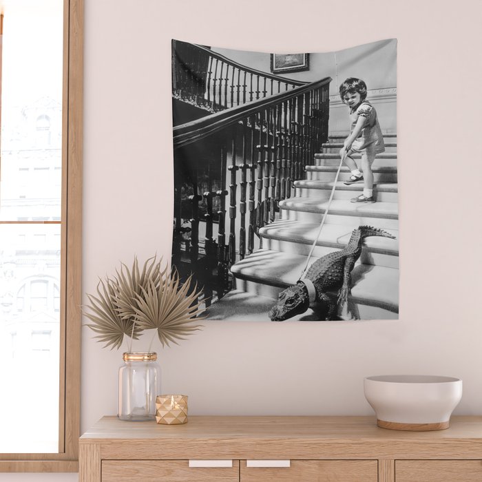 Girl Walking Baby Alligator, Black and White, Vintage Art Wall Tapestry Gallery Image 2