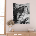 Girl Walking Baby Alligator, Black and White, Vintage Art Wall Tapestry Gallery Image 2