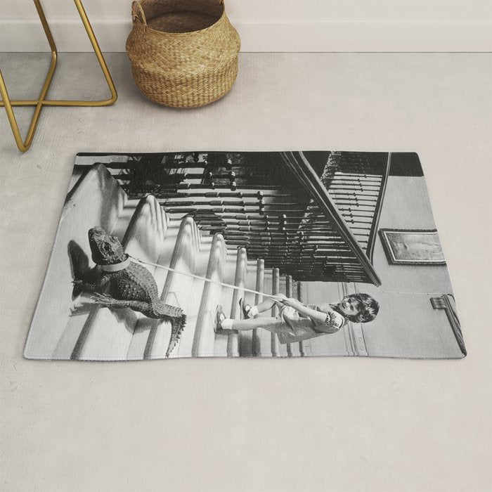 Girl Walking Baby Alligator, Black and White, Vintage Art Rug Gallery Image 1
