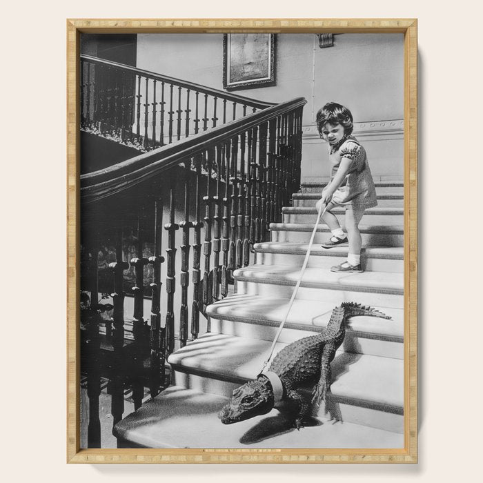 Girl Walking Baby Alligator, Black and White, Vintage Art Serving Tray Gallery Image 1