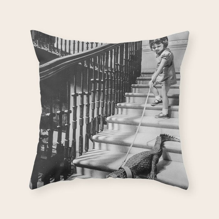Girl Walking Baby Alligator, Black and White, Vintage Art Throw Pillow Gallery Image 1