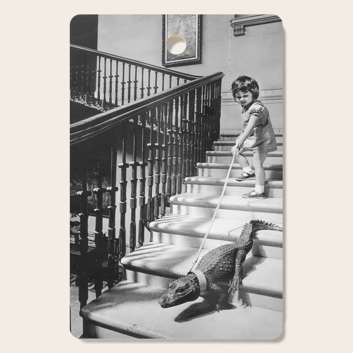Girl Walking Baby Alligator, Black and White, Vintage Art Cutting Board Gallery Image 1