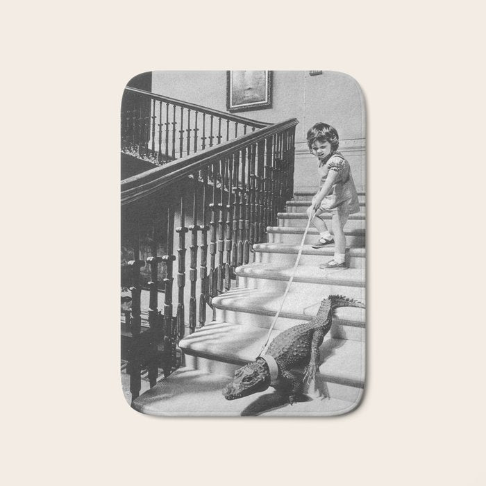 Girl Walking Baby Alligator, Black and White, Vintage Art Bath Mat Gallery Image 1