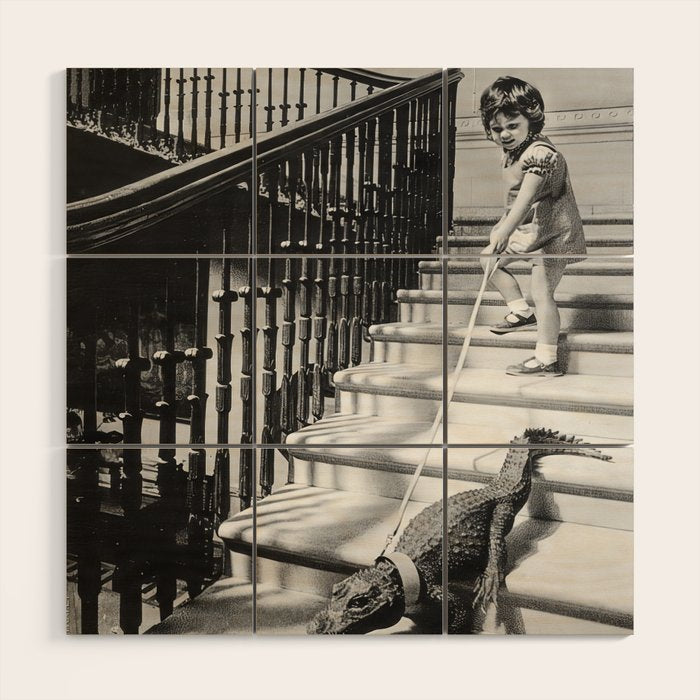 Girl Walking Baby Alligator, Black and White, Vintage Art Wood Wall Art Gallery Image 1