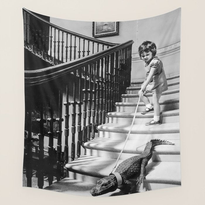 Girl Walking Baby Alligator, Black and White, Vintage Art Wall Tapestry Gallery Image 1