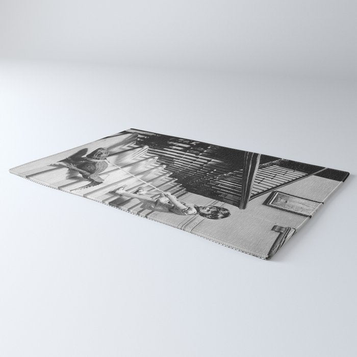 Girl Walking Baby Alligator, Black and White, Vintage Art Rug Gallery Image 3