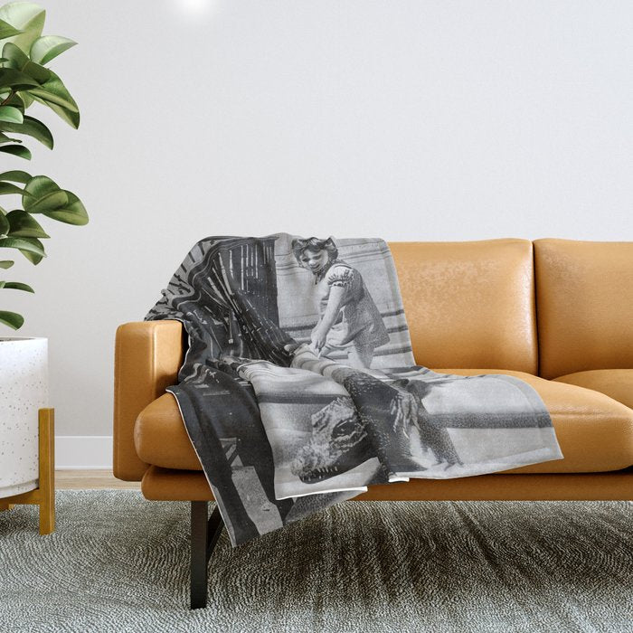 Girl Walking Baby Alligator, Black and White, Vintage Art Throw Blanket Gallery Image 1