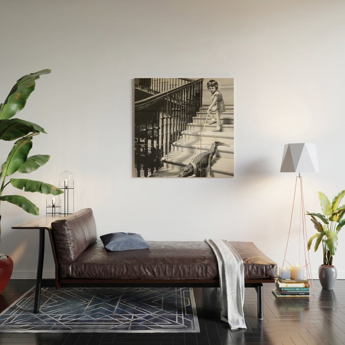 Girl Walking Baby Alligator, Black and White, Vintage Art Wood Wall Art Gallery Image 2