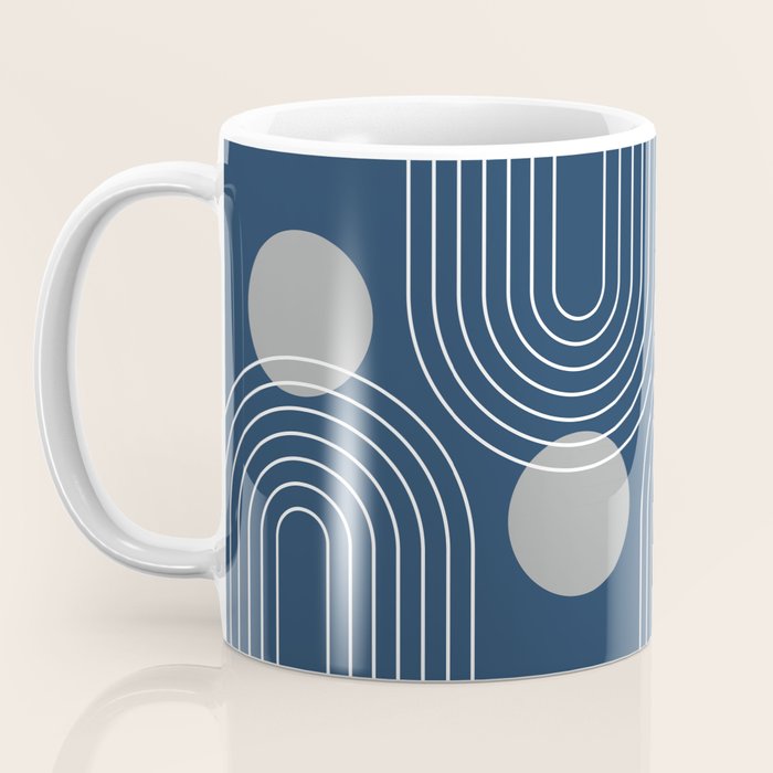 Mid Century Modern Geometric 106 in Navy Blue and Grey (Rainbow and Sun Abstraction) Coffee Mug Gallery Image 3
