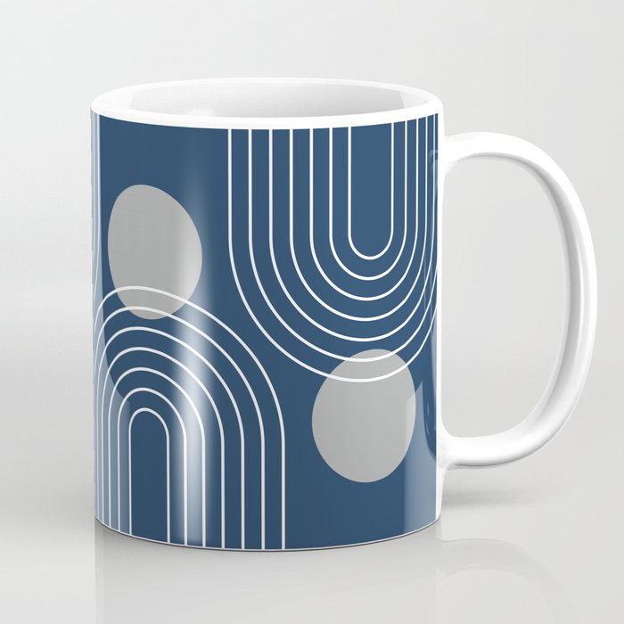 Mid Century Modern Geometric 106 in Navy Blue and Grey (Rainbow and Sun Abstraction) Coffee Mug Gallery Image 1