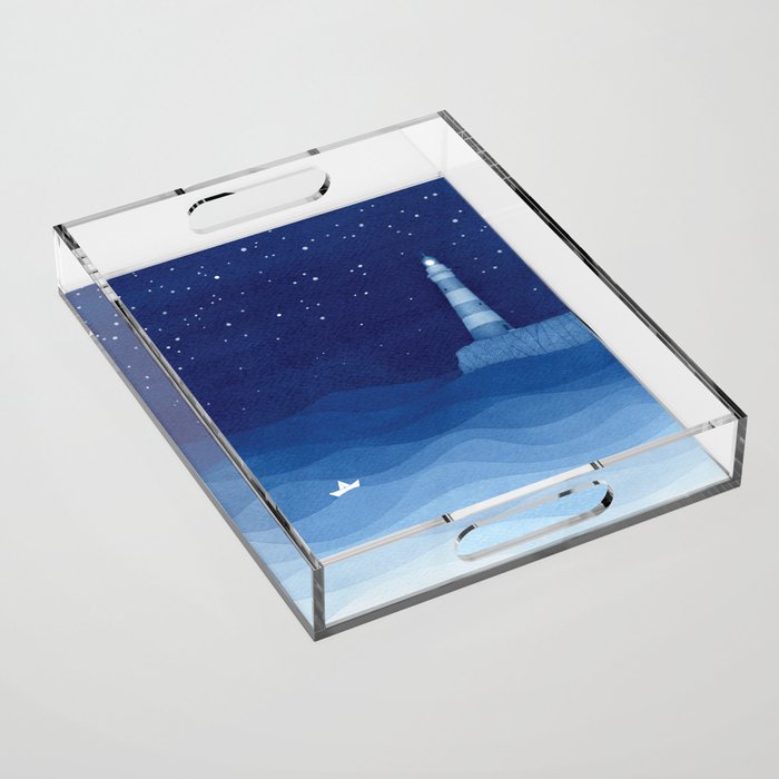 Lighthouse & the paper boat, blue ocean Acrylic Tray Gallery Image 1