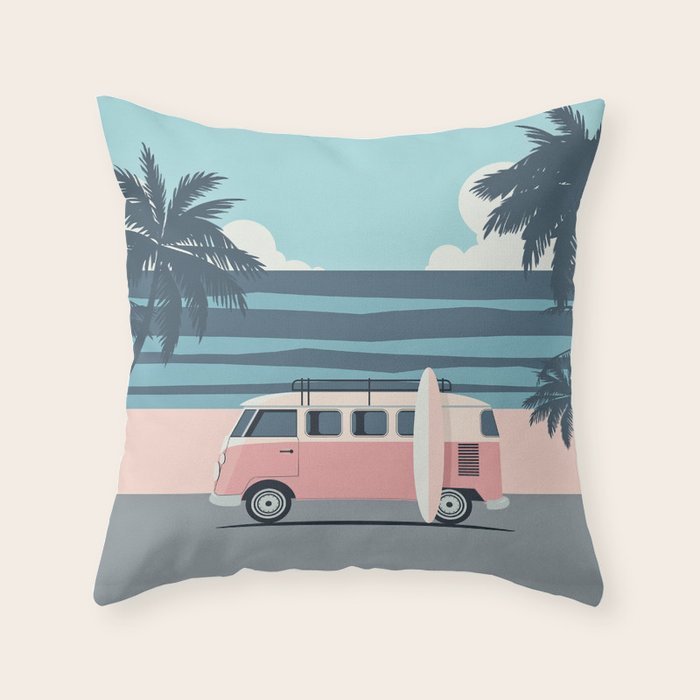 Surfer Graphic Beach Palm-Tree Camper-Van Art Throw Pillow Gallery Image 6
