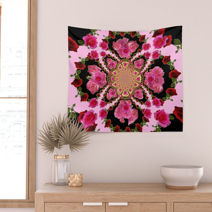 BLACK-PINK GARDEN ROSES MANDALA Wall Tapestry Gallery Image 2