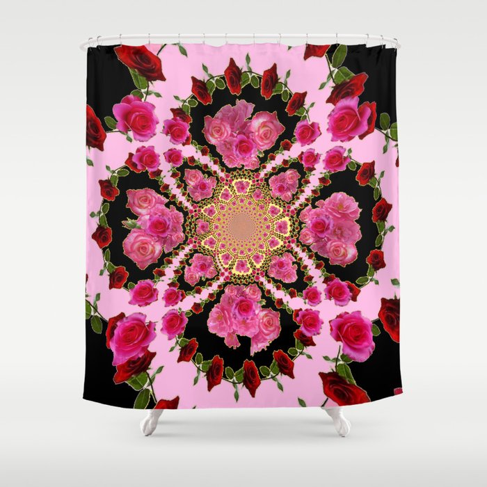 BLACK-PINK GARDEN ROSES MANDALA Shower Curtain Gallery Image 1