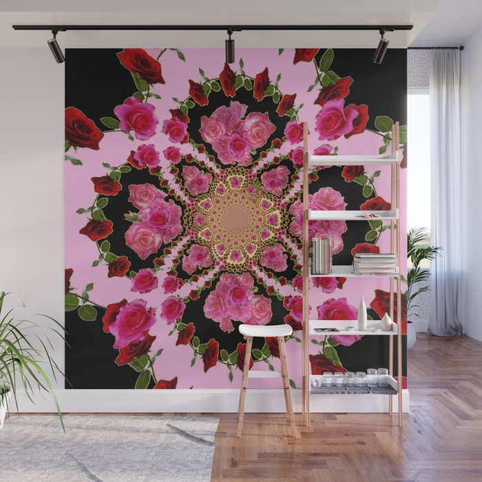 BLACK-PINK GARDEN ROSES MANDALA Wall Mural Gallery Image 1