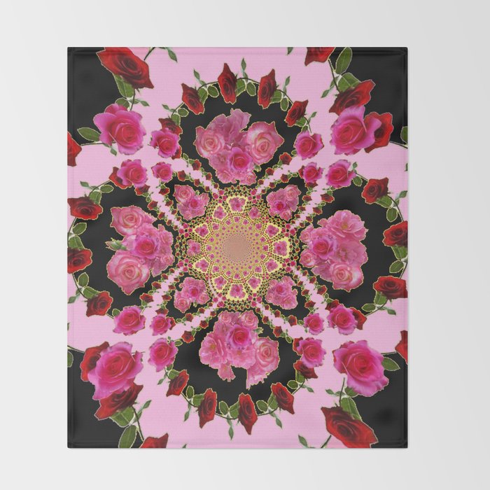 BLACK-PINK GARDEN ROSES MANDALA Throw Blanket Gallery Image 2