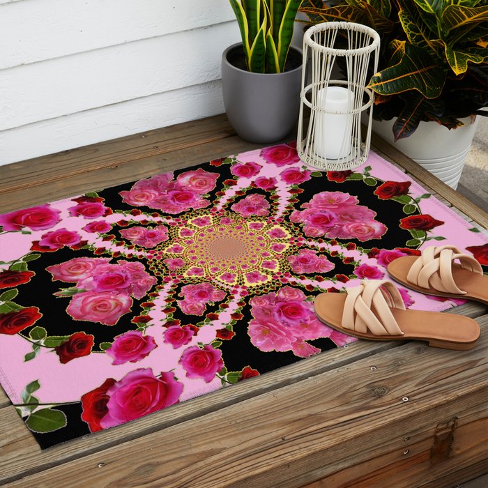 BLACK-PINK GARDEN ROSES MANDALA Outdoor Rug Gallery Image 2