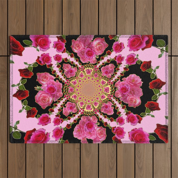 BLACK-PINK GARDEN ROSES MANDALA Outdoor Rug Gallery Image 1