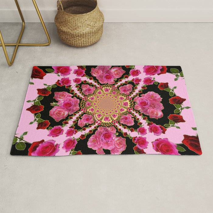 BLACK-PINK GARDEN ROSES MANDALA Rug Gallery Image 1
