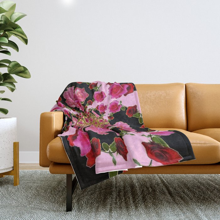 BLACK-PINK GARDEN ROSES MANDALA Throw Blanket Gallery Image 1