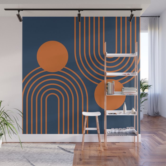 Mid Century Modern Geometric 186 in Navy Blue Orange Wall Mural Gallery Image 1