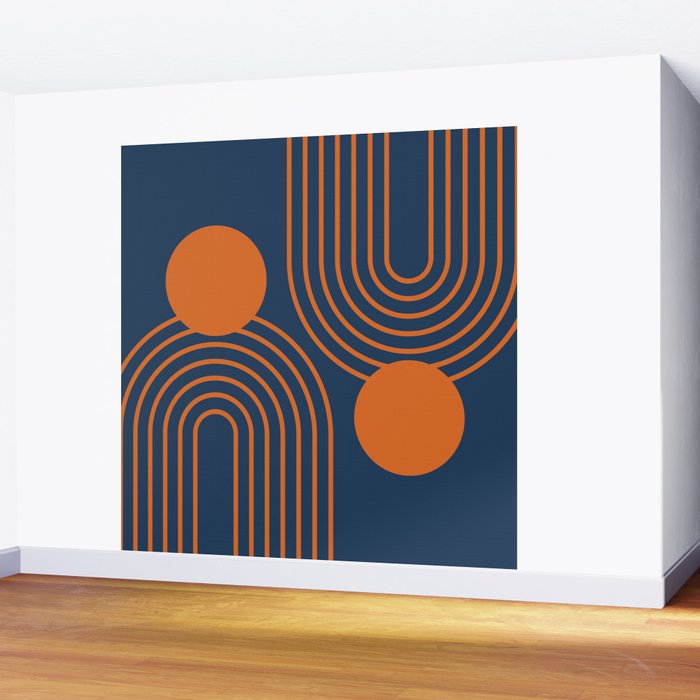 Mid Century Modern Geometric 186 in Navy Blue Orange Wall Mural Gallery Image 2