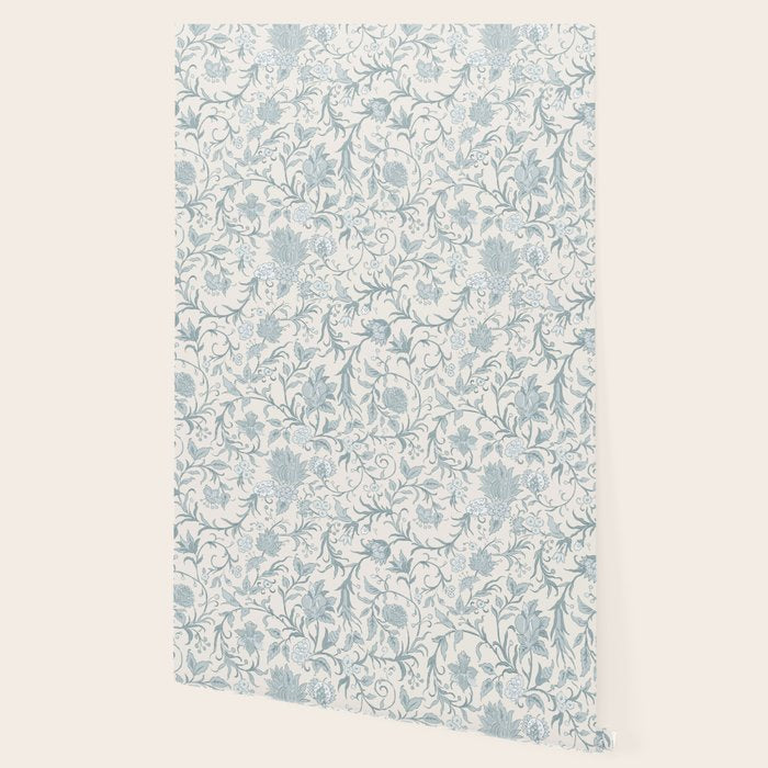 Hand Drawn Jacobean Floral - Teal Beige Wallpaper Gallery Image 2
