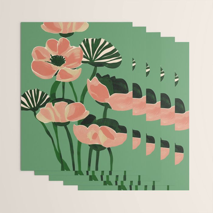 Coral Poppies on Green Wrapping Paper Gallery Image 3