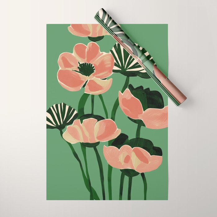 Coral Poppies on Green Wrapping Paper Gallery Image 1