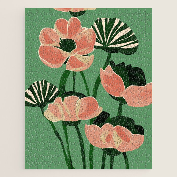 Coral Poppies on Green Jigsaw Puzzle Gallery Image 1