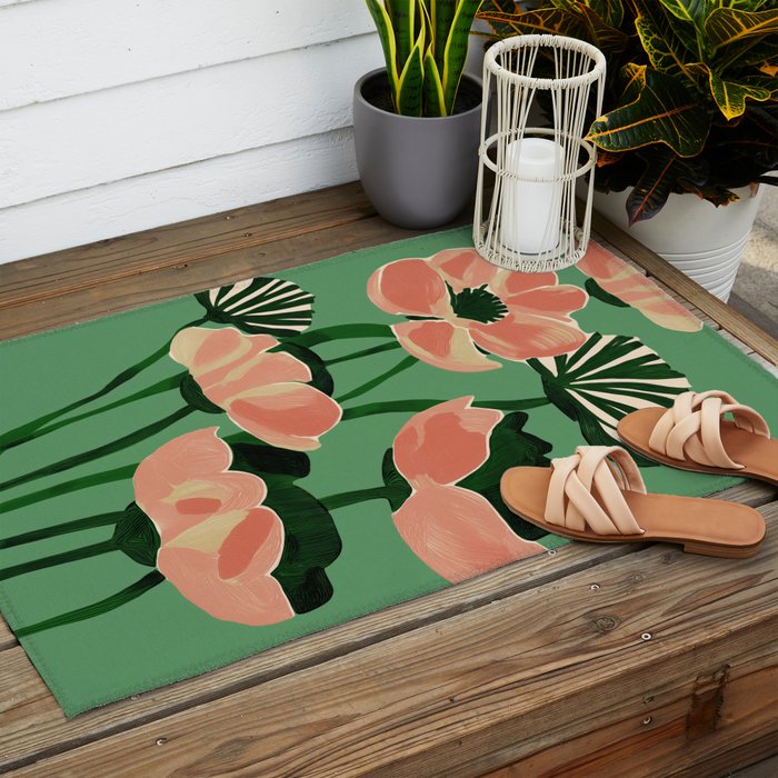 Coral Poppies on Green Outdoor Rug Gallery Image 2