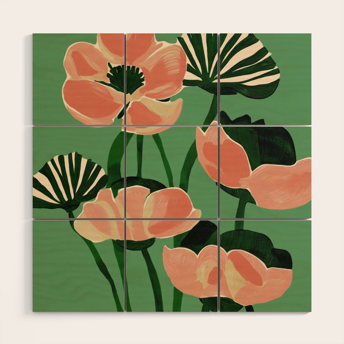 Coral Poppies on Green Wood Wall Art Gallery Image 1