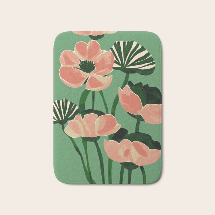 Coral Poppies on Green Bath Mat Gallery Image 1