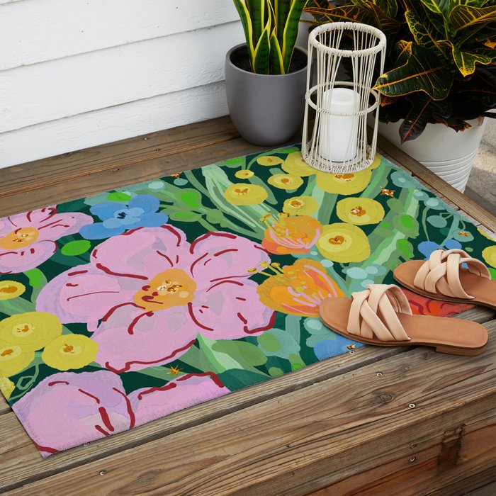 Vibrant Floral Terrarium Illustration Outdoor Rug Gallery Image 2