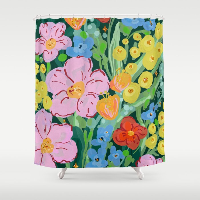 Vibrant Floral Terrarium Illustration Shower Curtain Gallery Image 1