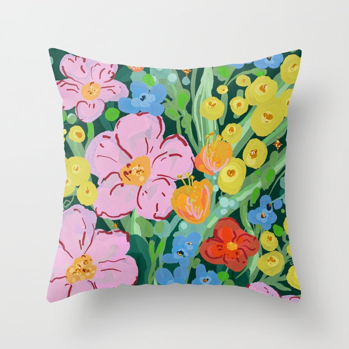 Vibrant Floral Terrarium Illustration Throw Pillow Gallery Image 1