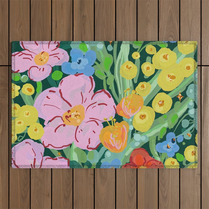 Vibrant Floral Terrarium Illustration Outdoor Rug Gallery Image 1