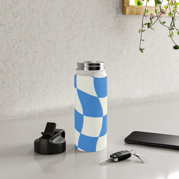 Ocean Blue Wavy Checkerboard  Water Bottle Gallery Image 4