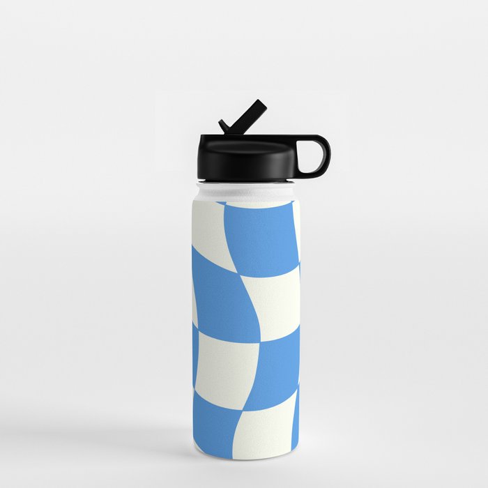 Ocean Blue Wavy Checkerboard  Water Bottle Gallery Image 1