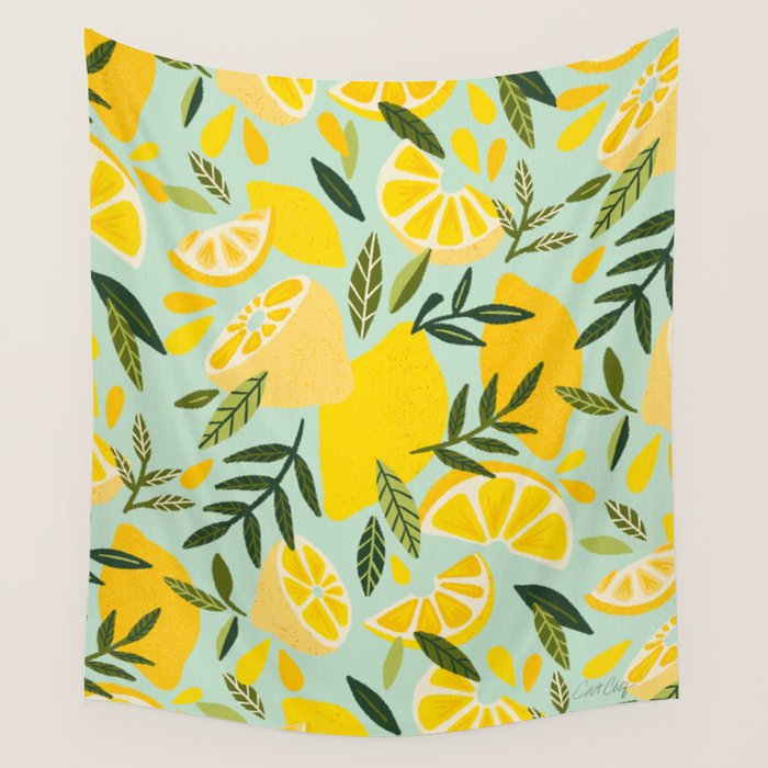 Lemon Blooms - Mint Wall Tapestry Gallery Image 4