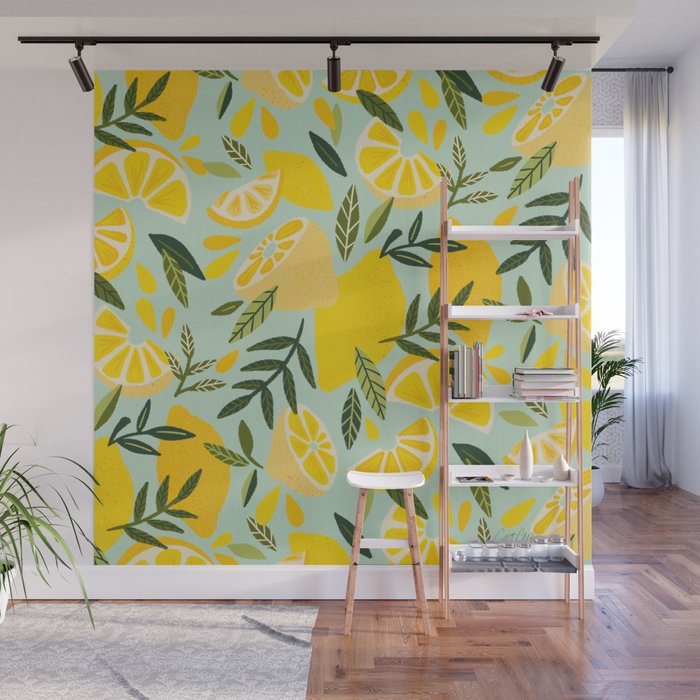 Lemon Blooms - Mint Wall Mural Gallery Image 1