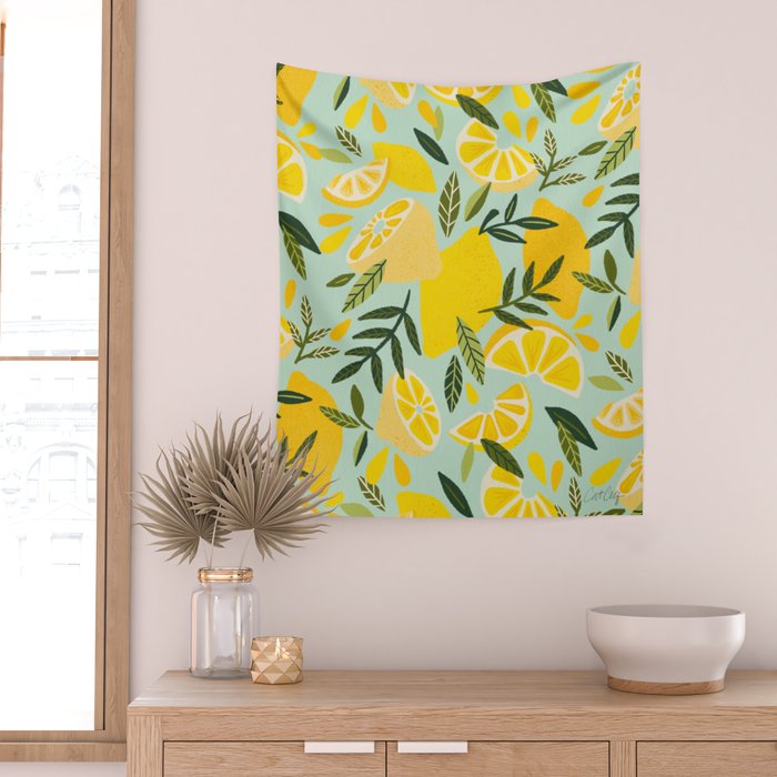 Lemon Blooms - Mint Wall Tapestry Gallery Image 2