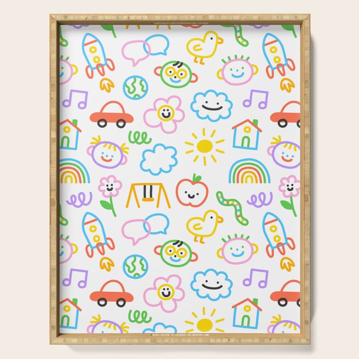 Colorful funny kid doodle art pattern Serving Tray Gallery Image 1