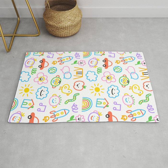 Colorful funny kid doodle art pattern Rug Gallery Image 1