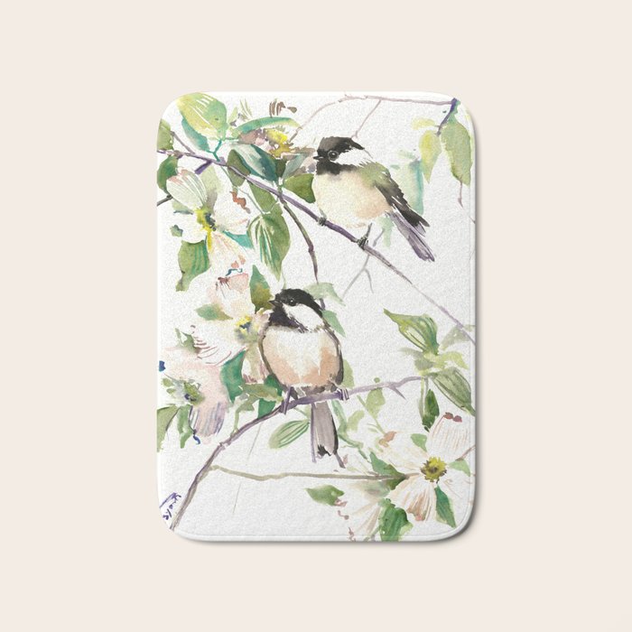 Chickadees and Dogwood Flowers Bath Mat Gallery Image 1