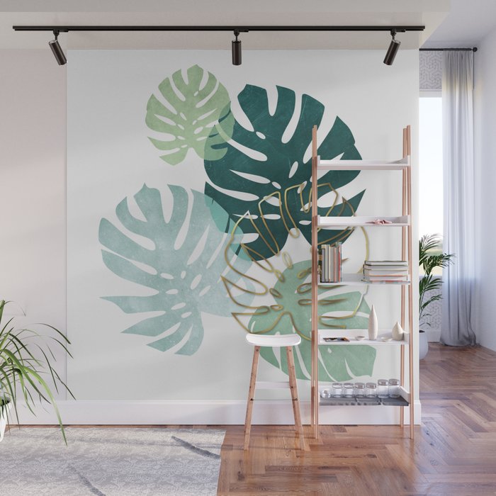 Tropical minimal / green, turquoise and gold monstera Wall Mural Gallery Image 1
