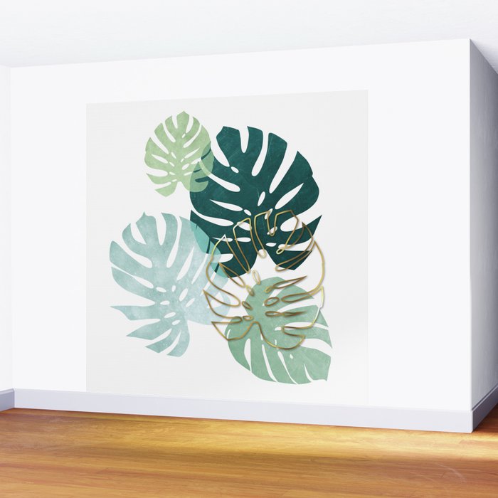 Tropical minimal / green, turquoise and gold monstera Wall Mural Gallery Image 2
