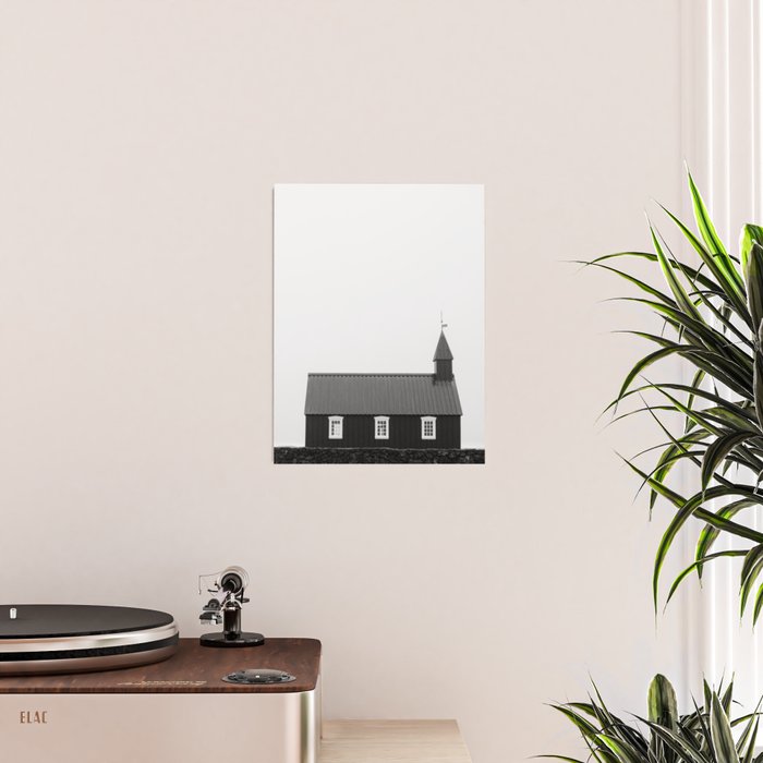 Chapel in Budir Iceland - Landscape Art Print, Black and White Photography Poster Gallery Image 2