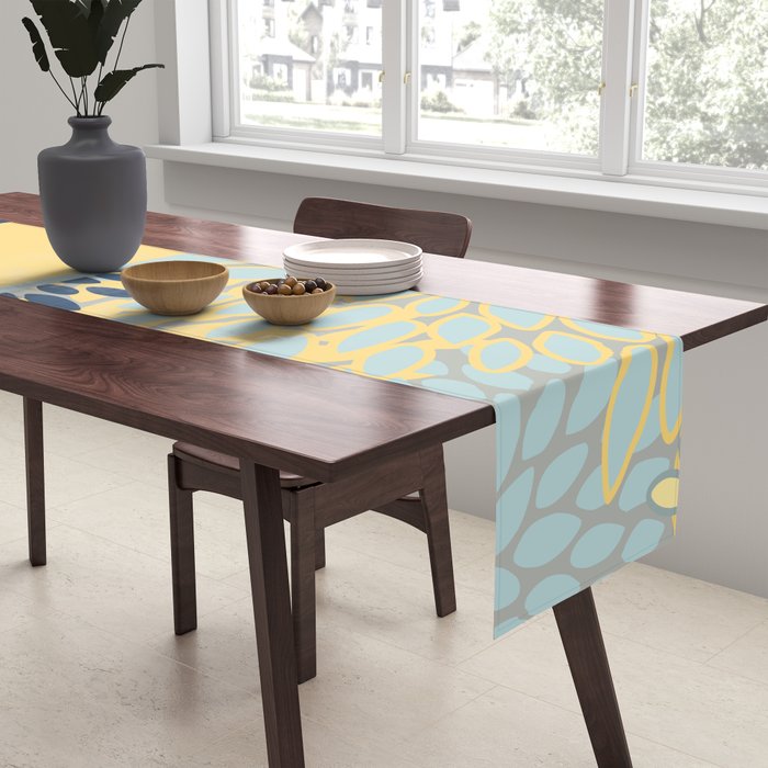Modern, Color Block, Floral Prints, Blue and Yellow Table Runner Gallery Image 2